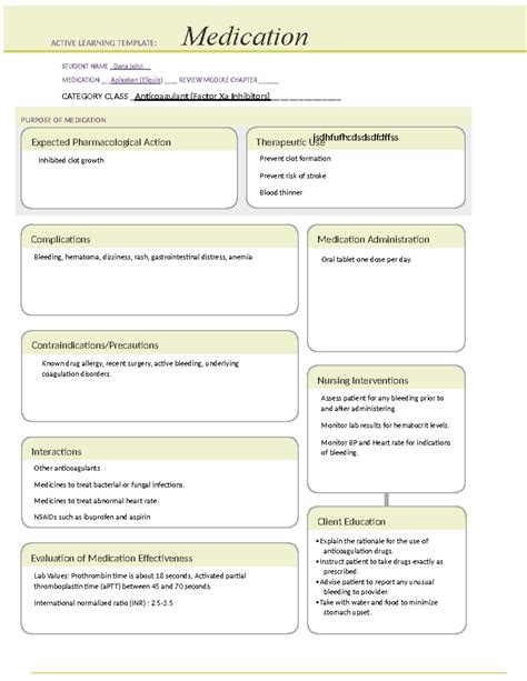 Med Card Apixaban Med Card Student Name Dana John Medication