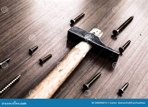 A Set Of Hammers With Some Nails And Screws Stock Image Image Of