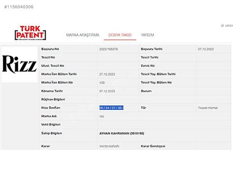 Rizz Markası 20 24 27 ve 35 Sınıf Tescilli Markamız Satılıktır