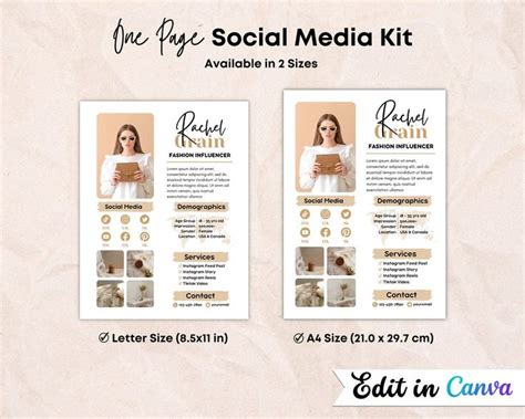 One Page Media Kit Influencer Blogger Media Kit Template Editable