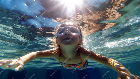 Niño Feliz Divertirse En La Piscina Nadando Bajo El Agua Niño Divertido