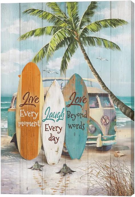 AAzaqTin Summer Coastal Beach Wall Art Beach Palm Surfboard Bus Wall