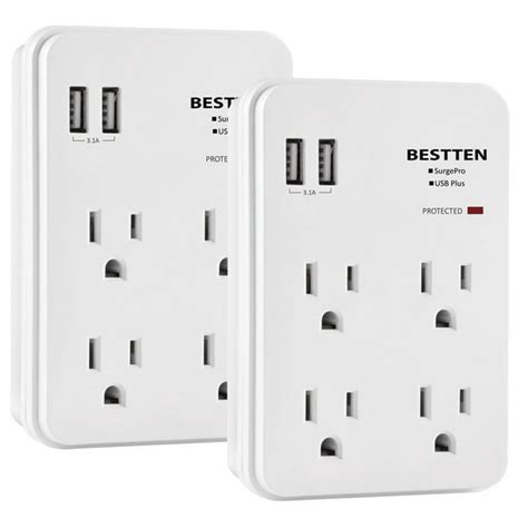 [2 Pack] Bestten Multi Wall Outlet Adapter Surge Protector With 2 Usb Charging Ports 2 4a Port