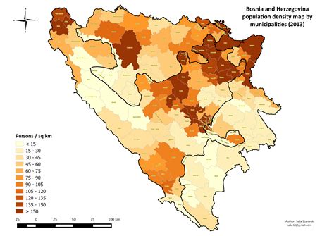 Bosnia and Herzegovina population density map by municipalities(2013