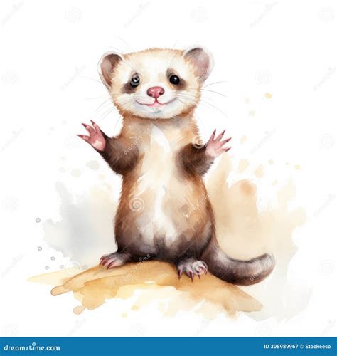 Cute Watercolor Ferret Illustration Playful Wildlife Artwork Stock