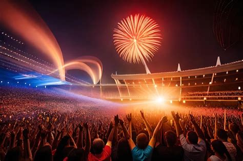 Premium Photo | A crowd at a stadium with fireworks in the background