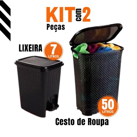 Kit Cesto de Roupa Rattan c Tampa e Alça Basculada 50LTS Lixeira