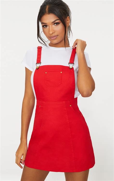 Martine Red Denim Pinafore Dress Prettylittlething Usa