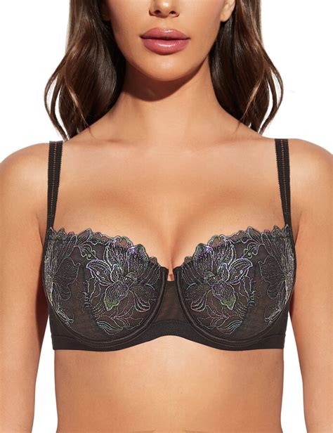 Deyllo Womens Sexy Lace Bra 12 Balconette Underwire Unlined Demi Bralette See Through（black