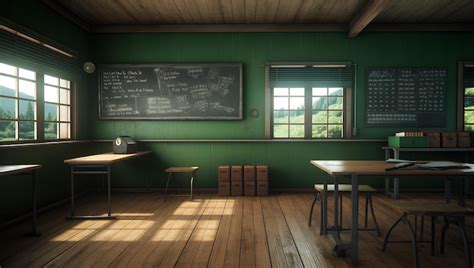 Premium Photo | A classroom has wooden tables and a blackboard wall