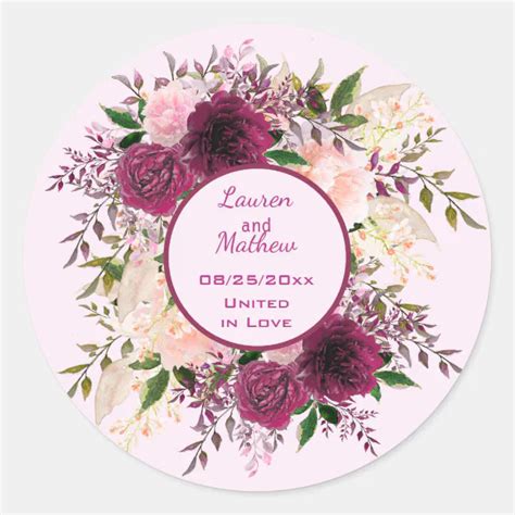 Romantic Plum Burgundy And Blush Pink Floral Classic Round Sticker Zazzle