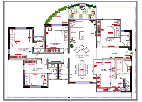 45x65 Ft 4 Bedroom House Ground Floor Plan With Furniture Layout