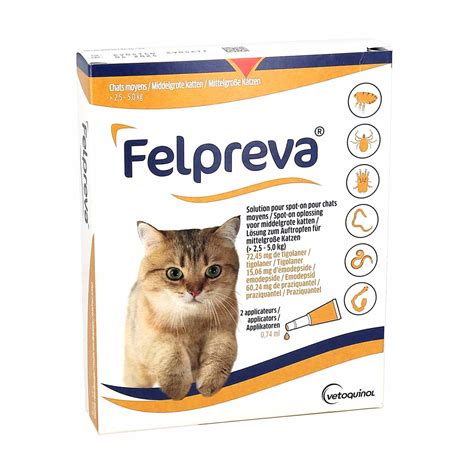 Felpreva Solution pour Spot on pour Chats Moyens 2 5kg 5kg boîte de 2