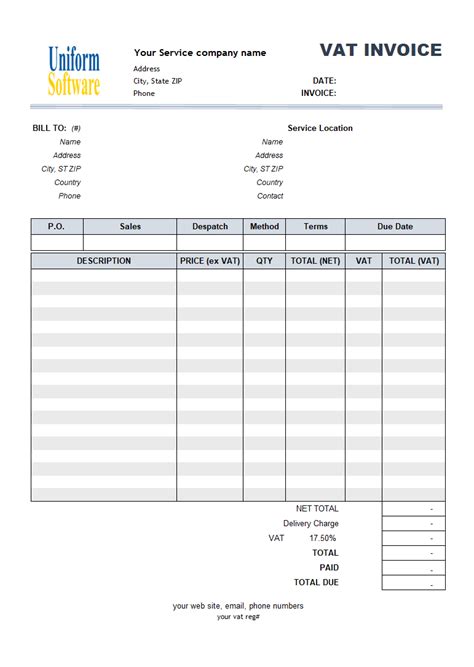 Vat Service Invoice Template Price Including Tax