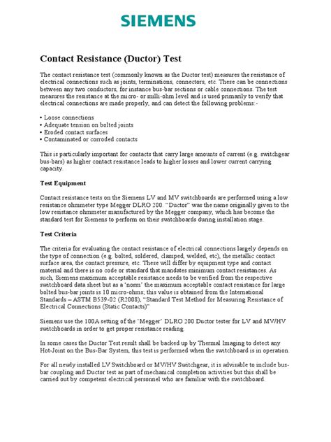 Siemens Ductor Test Method Statement | Electrical Resistance And Conductance | Inductor