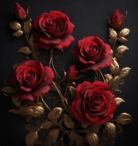 Premium Photo There Are Three Red Roses With Gold Leaves On A Black