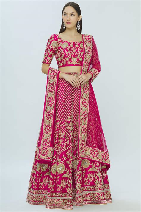 Buy Vandana Sethi Pink Dupion Raw Silk Embroidered Lehenga Set Online