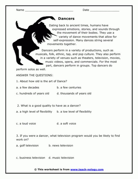 Dance Worksheets Printable In 2020 Elements Of Dance Reading