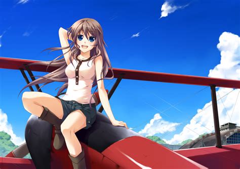 Safebooru Biplane Blue Eyes Boots Brown Hair Cloud Clouds Hand Behind