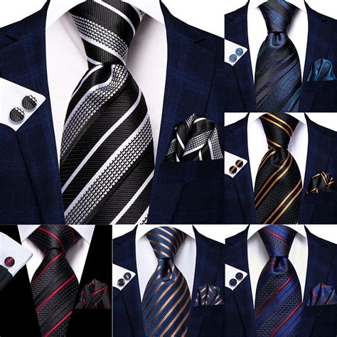 Black White Striped Blue Silk Wedding Tie For Men Handky Cufflink Gift