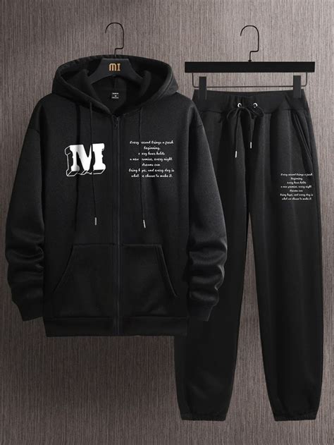 Men Slogan Graphic Zip Up Thermal Lined Drawstring Hoodie And Joggers In 2024 Gents Shirts Mens