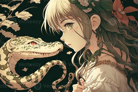 Beautiful girl kissing a snake, manga style Anime character ...