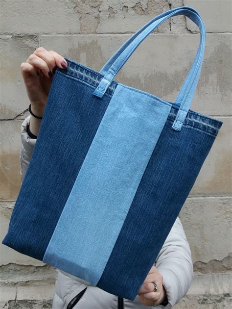 Blue Denim Tote Bag Upcycled Denim Tote Bag Striped Tote Bag Blue