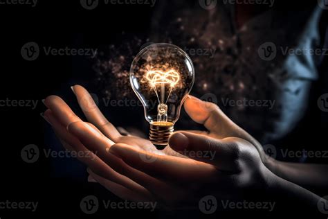 Close Up Of Human Hand Holding Light Bulb With Brain Inside On Dark