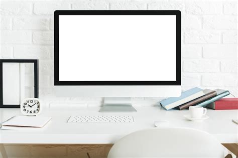 Premium Photo | Designer desktop with blank white computer