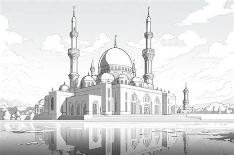 Eine schwarz weiß zeichnung einer moschee mit der spiegelung des