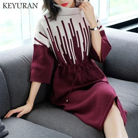 Women Knitted Bandage Sexy Dress Turtleneck Sweater Dresses Spring