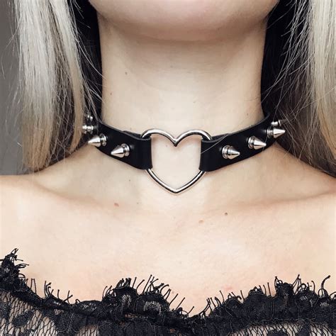 Spike Heart Choker Black Faux Leather Choker Spiked Collar Etsy