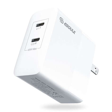 Esoulk 45W Dual Port USB-C PD (Power Delivery), Ultra Compact, Folding Blade Plug-in, Super Fast