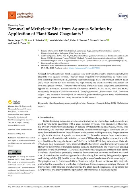 PDF Removal Of Methylene Blue From Aqueous Solution By Application Of