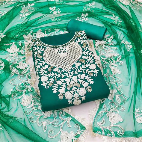 Teal Green Floral Embroidered Georgette Dress Material