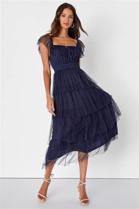 Chic Navy Blue Dress Tulle Dress Tiered Midi Dress Lulus