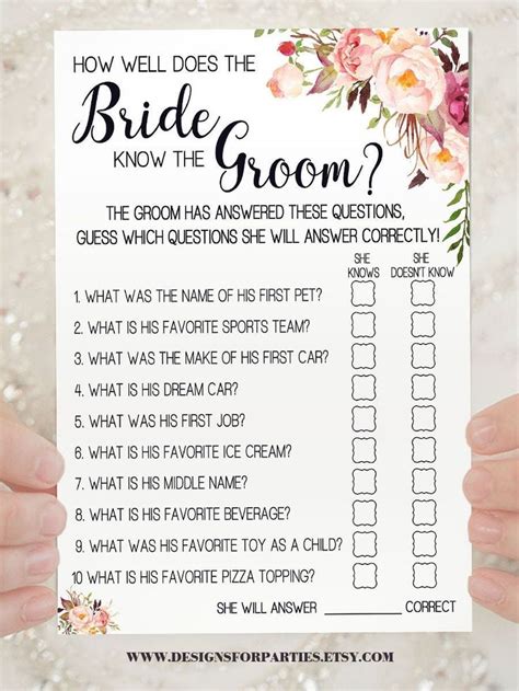 How Well Does The Bride Know The Groom Bridal Shower Game Pink Boho