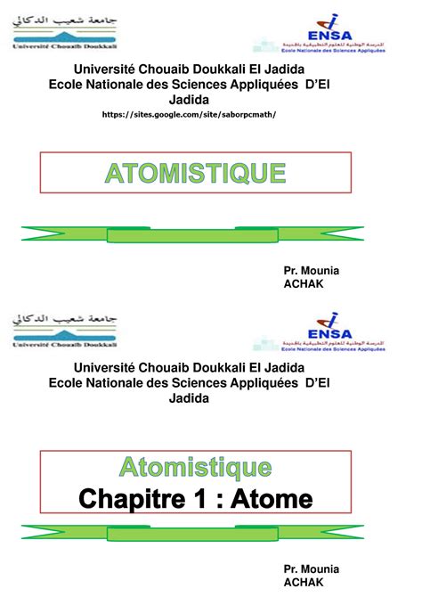 Cours Atomistique Liaison Chimique Reactions Chimiques ENSA Eljadida