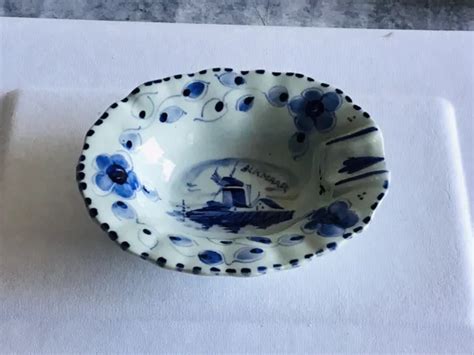 Vintage Delft Blue White Windmill Floral Border Hand Painted Ashtray