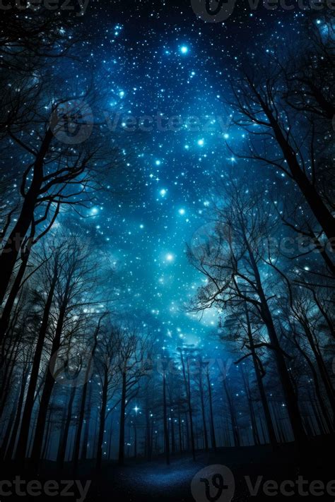 Moonlit forest under starry night sky background with empty space for ...