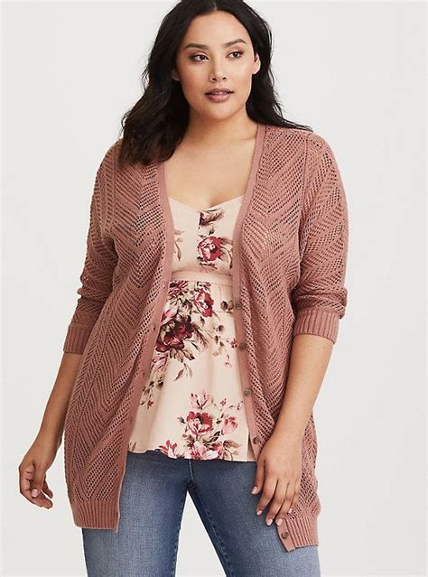 Dusty Pink Pointelle Knit Cardigan Knit Cardigan Plus Size Sweaters