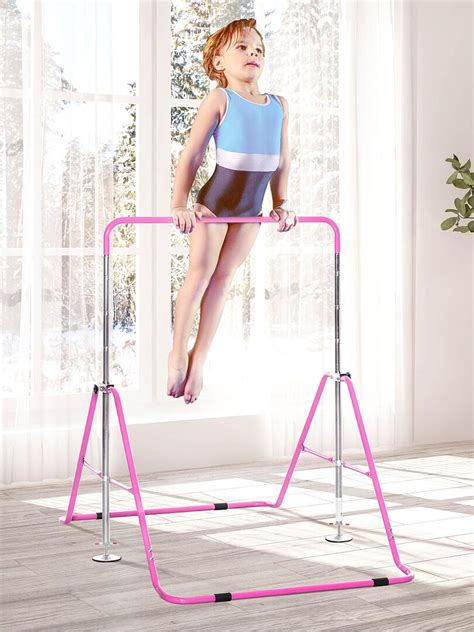 Barre fixe de gymnastique enfant pliable hauteur réglable acier Rose