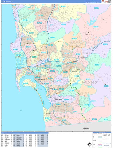 colorcast zip code style wall map  san diego ca  market maps