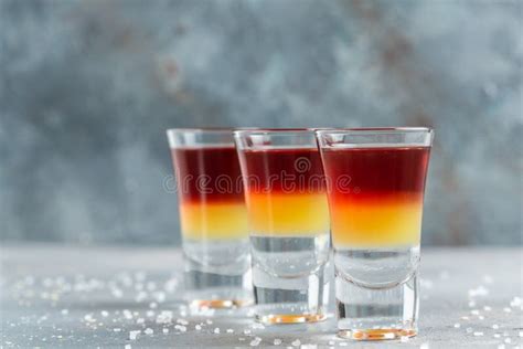 Three Layered Shots Set Of Cocktails At The Bar Stock Image Image Of