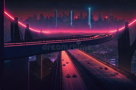 Neon Night City Crossing with Nighttime Skyline, Showing the View from ...