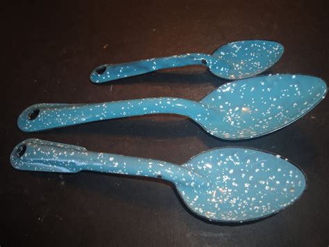 3 Vintage Blue Speckled Graniteware Enamel Ware Mixing Spoons For Camp