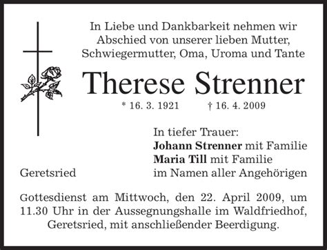 Traueranzeigen Von Therese Strenner Trauer Merkur De