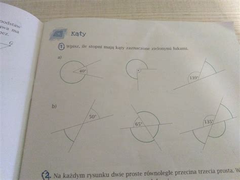 Wpisz ile stopni mają kąty zaznaczone zielonymi łukami Brainly pl