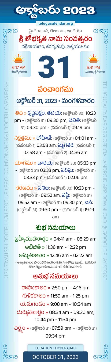 Telangana Panchangam October 31 2023 Telugu Calendar Daily