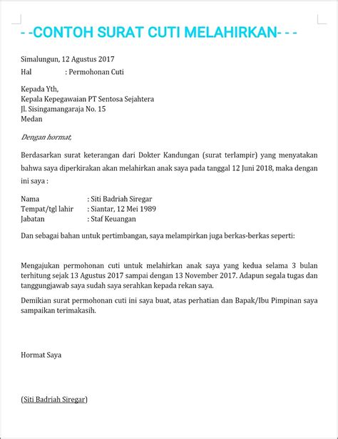 Contoh Surat Keterangan Cuti Melahirkan Dari Kepala Sekolah Surat